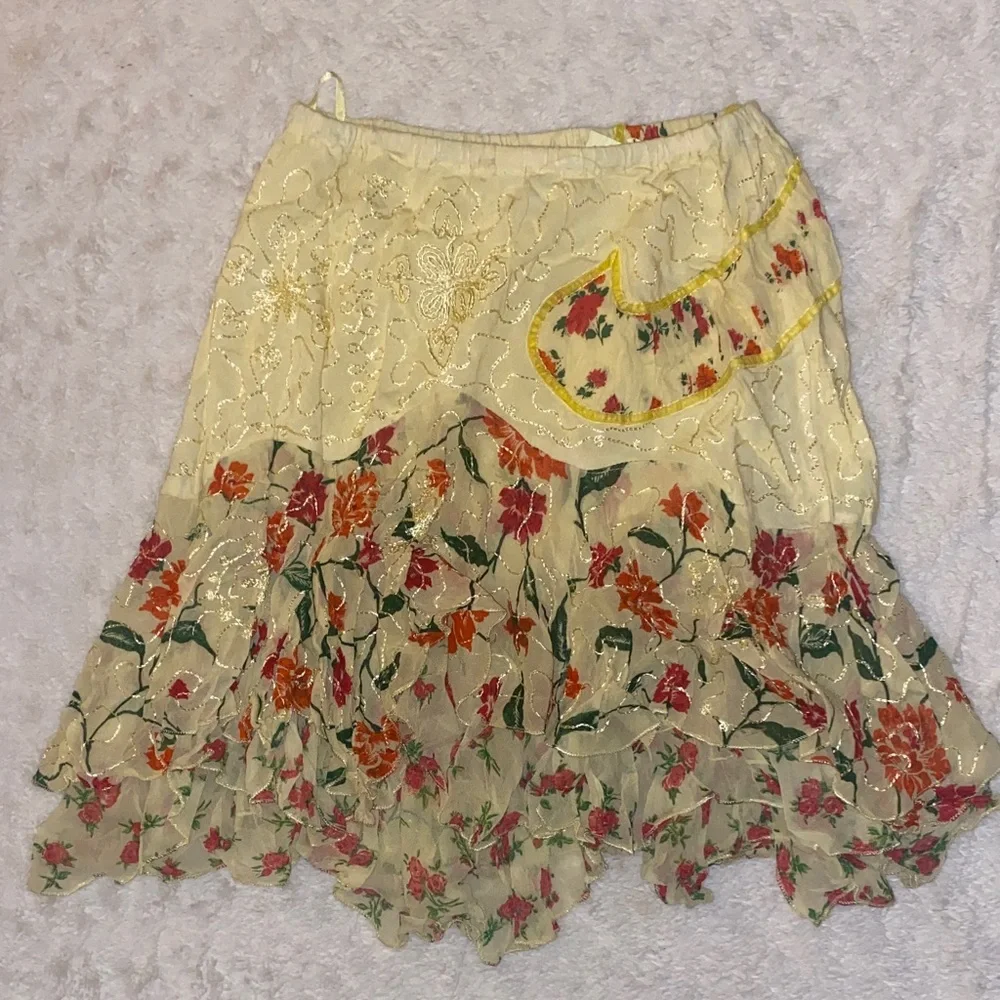 Pale Yellow Embroidered Skirt with Red and Green Floral Accents - Picture 1 of 4